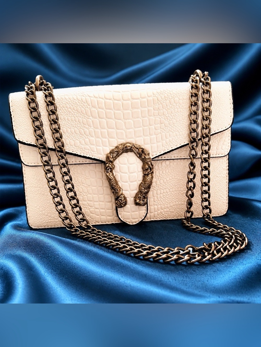 Elegant PU Glossy White Croc-Embossed Vegan Leather with Adjustable Metal Strap